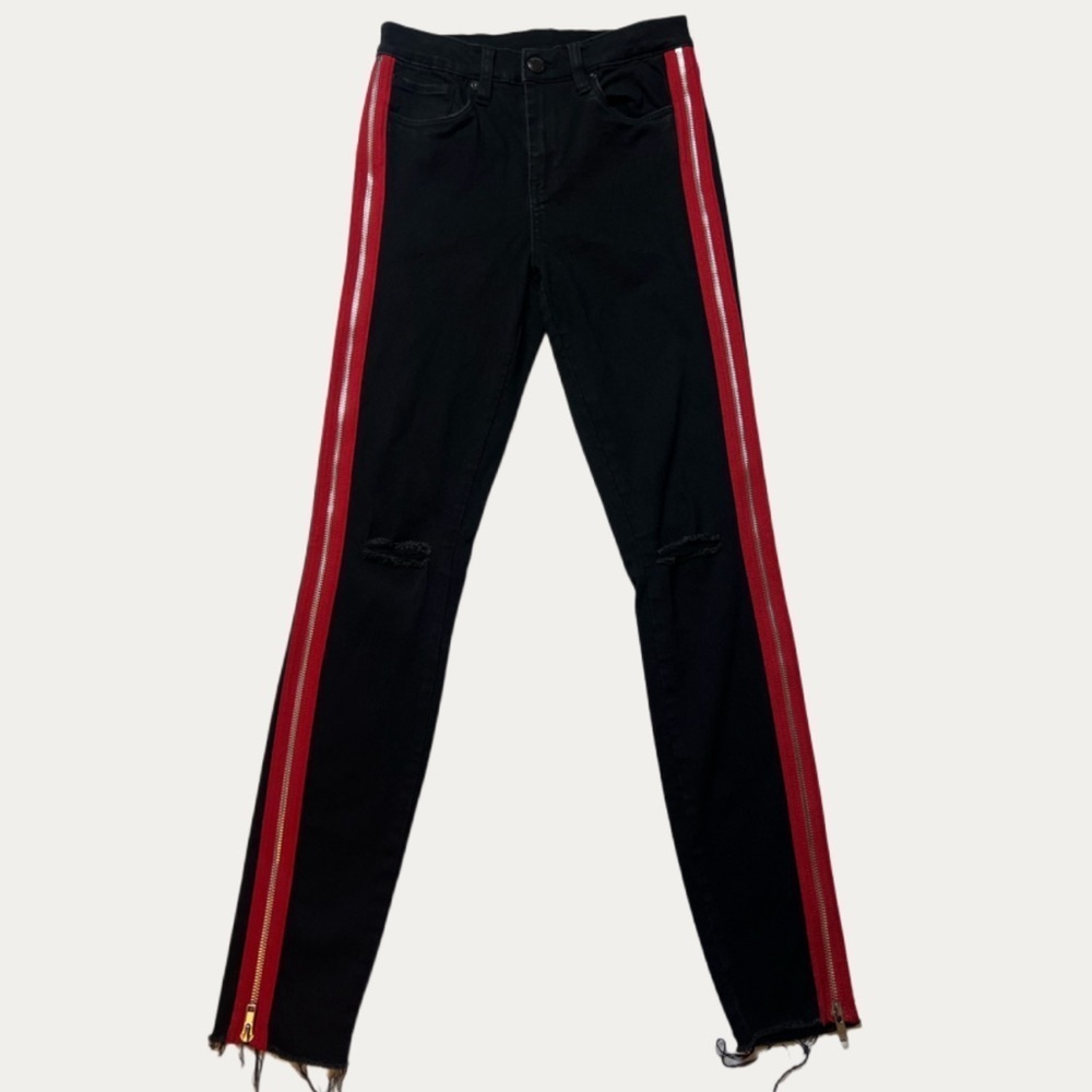BLANK NYC Black Red Side Stripe Distressed Skinny Jeans